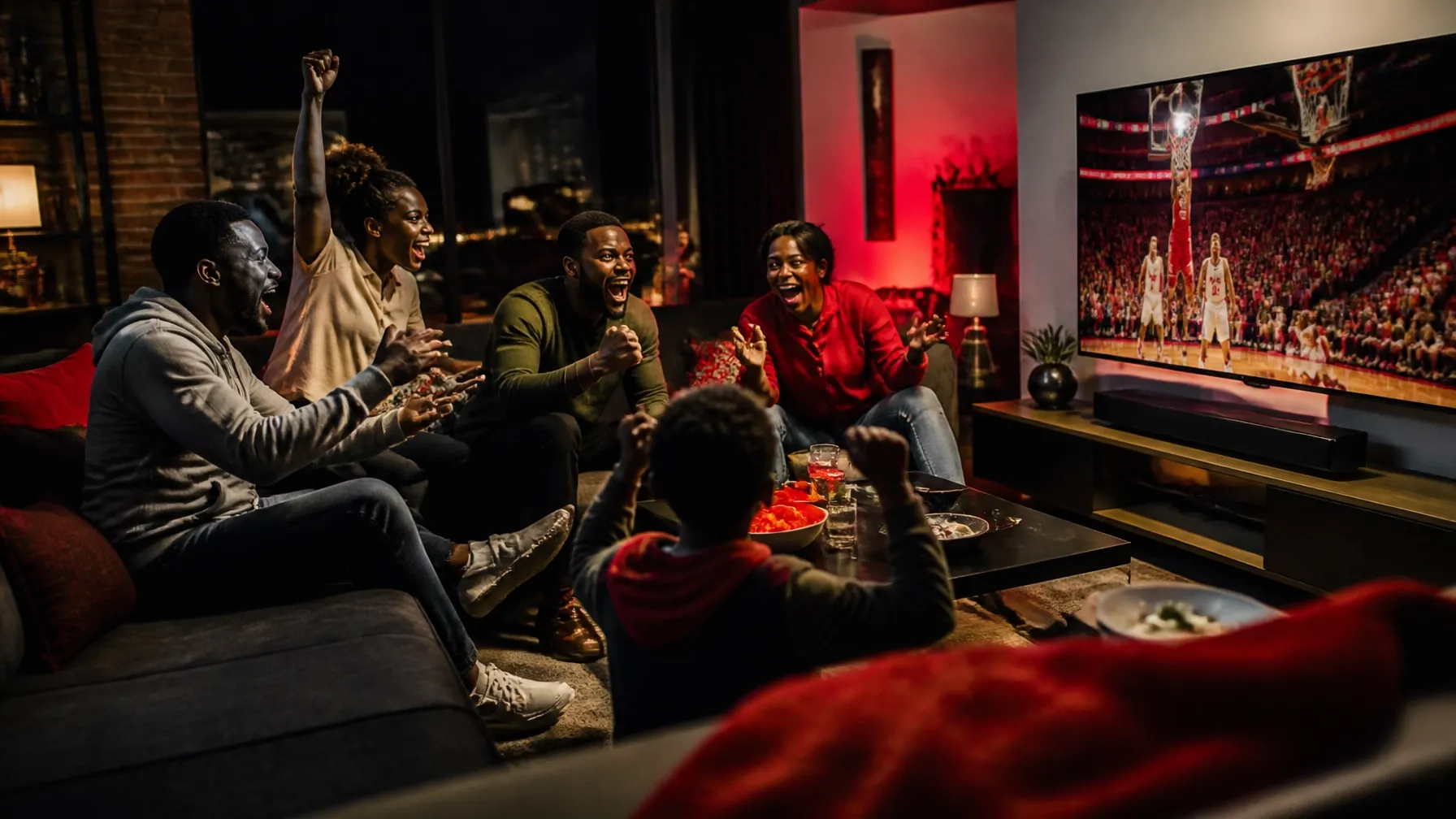 Friends watching live television together at home